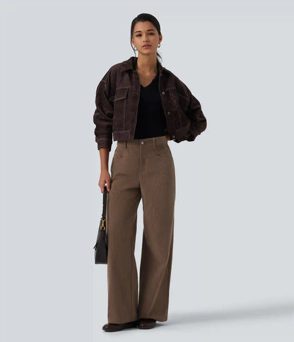 Mid Rise Straight Leg Corduroy Casual Pants with Pockets