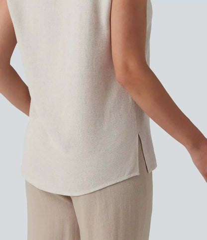 V-neck Sleeveless Split Hem Work Linen-Blend Blouse