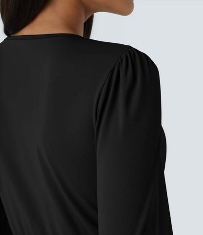 V Neck Long Sleeve Tulip Hem Midi Dress