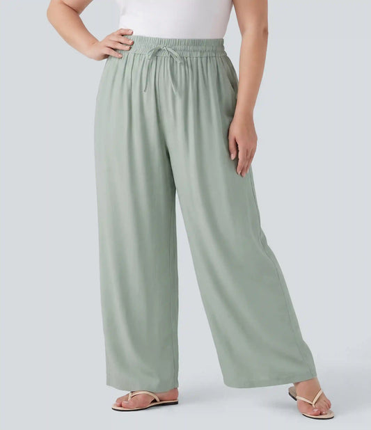 Plus Size High Waisted Drawstring Wide Leg Casual Linen-Blend Pants with Pockets