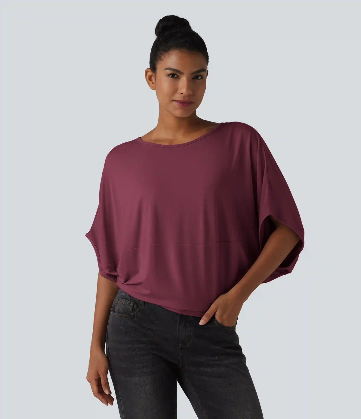 Round Neck Batwing Sleeve Relaxed Casual Top