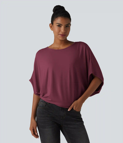 Round Neck Batwing Sleeve Relaxed Casual Top