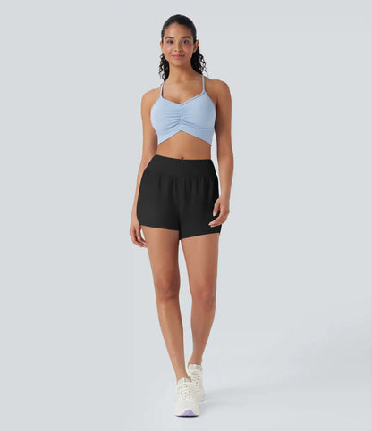 Mid Rise Contrast Mesh 2-in-1 Yoga Shorts with Pockets