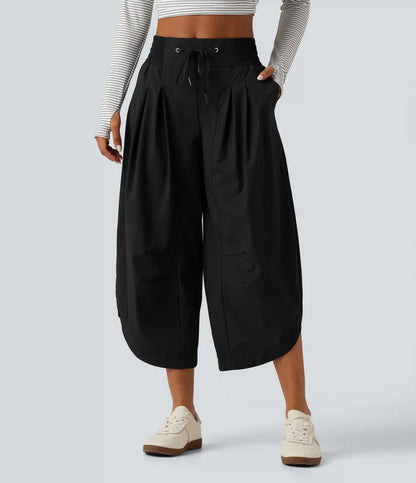 Mid Rise Barrel Leg Shirred Drawstring Curved Hem Yoga Pants with Pockets