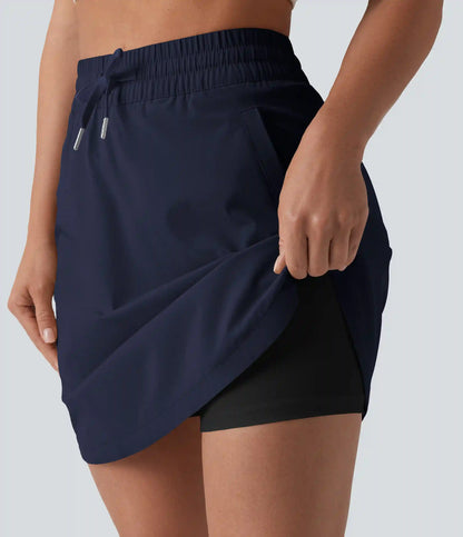 High Waisted Drawstring 2-in-1 Curved Hem Mini Golf Skirt with Pockets-Longer Length