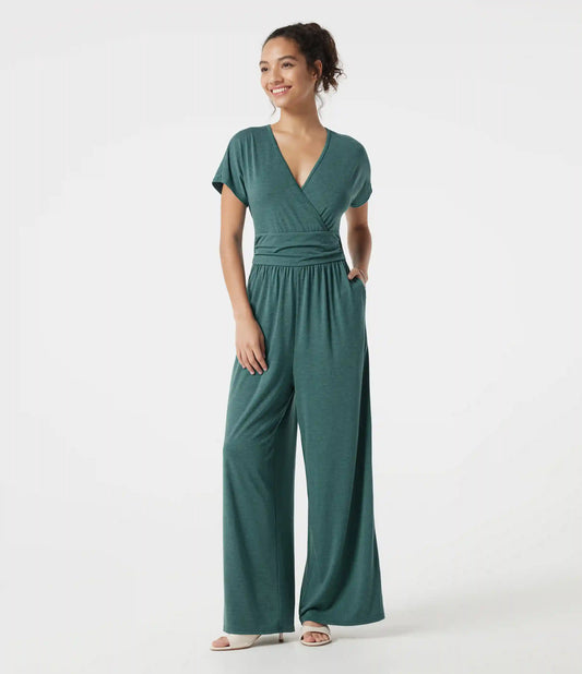 V Neck Batwing Sleeve Ruched Casual Jumpsuit with Pockets-Easy Peezy Edition
