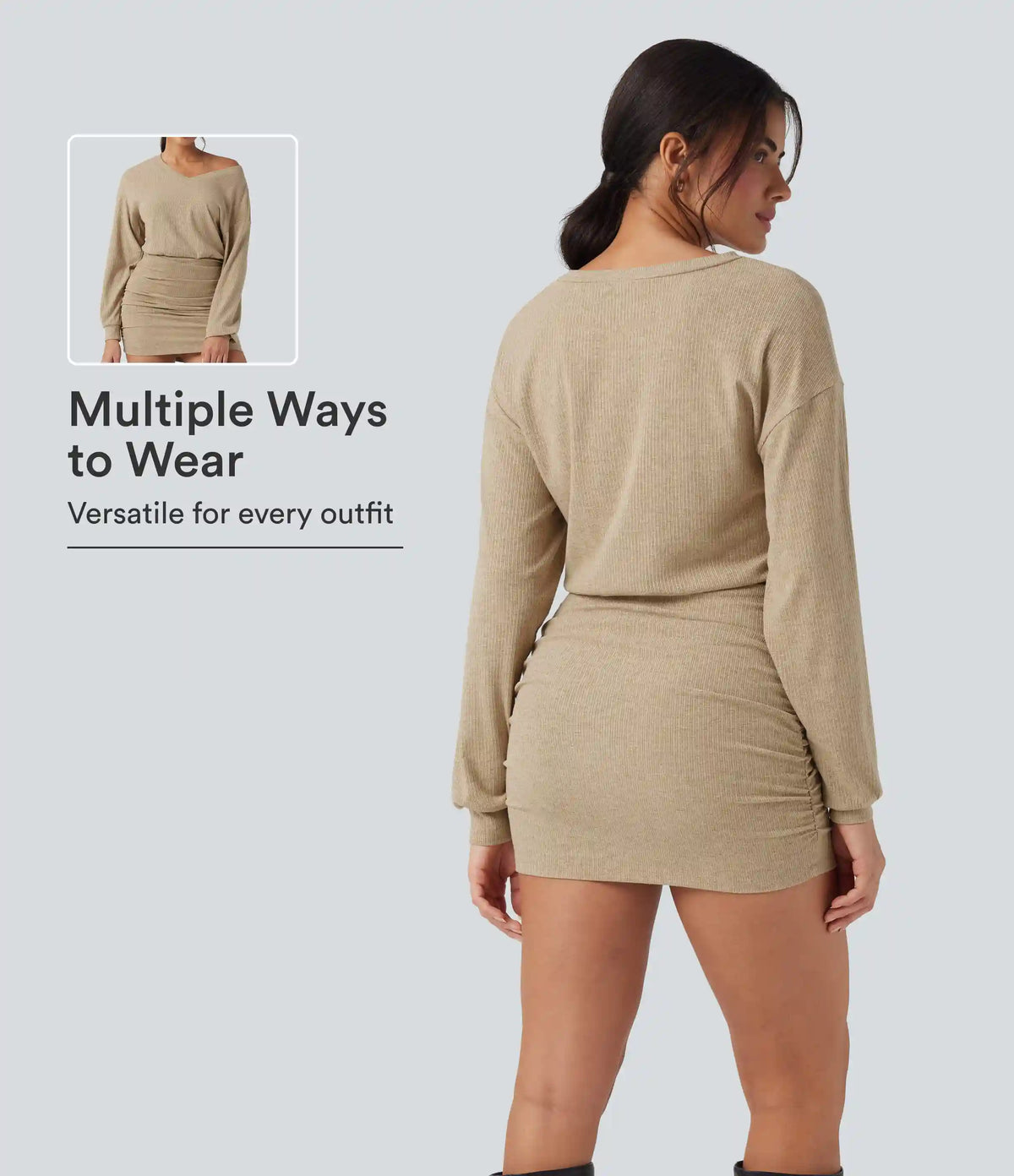 Ribbed Knit V-neck Long Sleeve Ruched Bodycon Mini Casual Dress