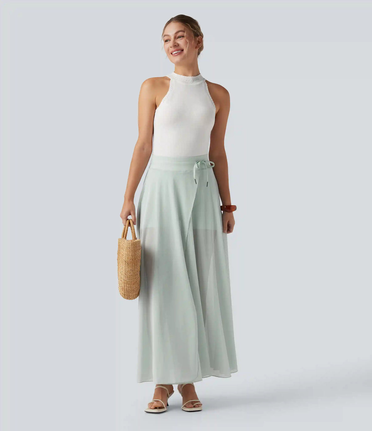 High Waisted Drawstring Contrast Mesh 2-in-1 Pocket Flowy Maxi Flare Casual Skirt