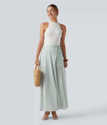 High Waisted Drawstring Contrast Mesh 2-in-1 Pocket Flowy Maxi Flare Casual Skirt