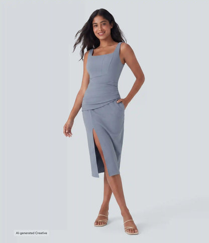 SoftlyZero™ Airy Square Neck Corset Ruched Bodycon Midi InstantCool Dress DD-F Cups