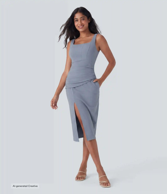SoftlyZero™ Airy Square Neck Corset Ruched Bodycon Midi InstantCool Dress DD-F Cups