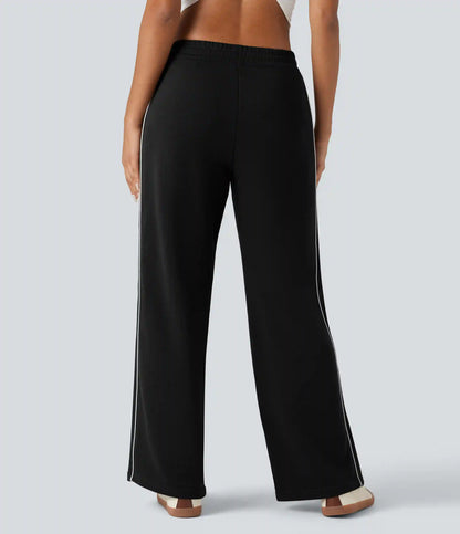 Mid Rise Drawstring Straight Leg Color Block Casual Cotton Pants with Pockets