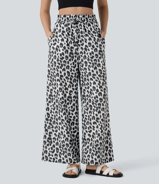 High Waisted Drawstring Pocket Leopard Print Wide Leg Baggy Casual Pants