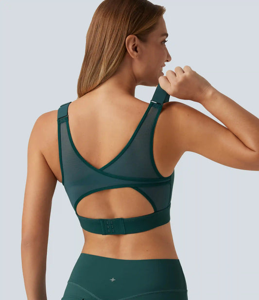 Halara UltraSculpt™ Medium Support Round Neck Contrast Mesh Running Sports Bra with Built-in Bra