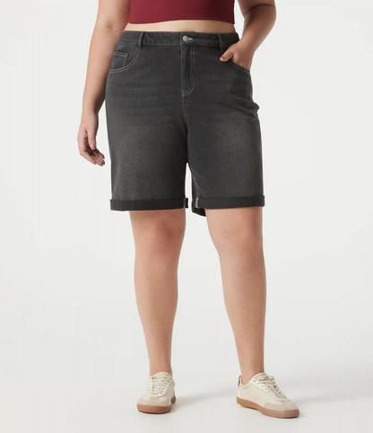 Halara Flex™ High Waisted Multiple Pockets Rolled Hem Washed Stretchy Knit Denim Casual Plus Size Bermuda Shorts