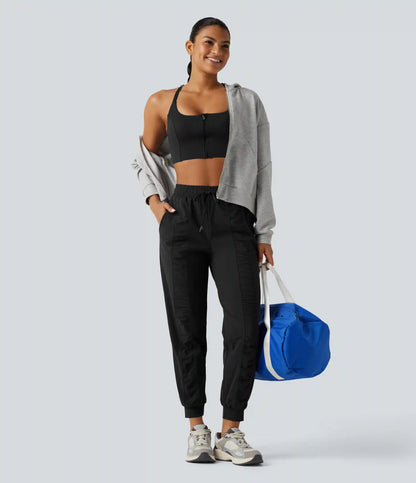 High Waisted Drawstring Ruched Tapered Quick Dry InstantCool Running Joggers with Pockets-UPF40+