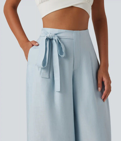 High Waisted 2-in-1 Tie Side Baggy Pants with Pockets