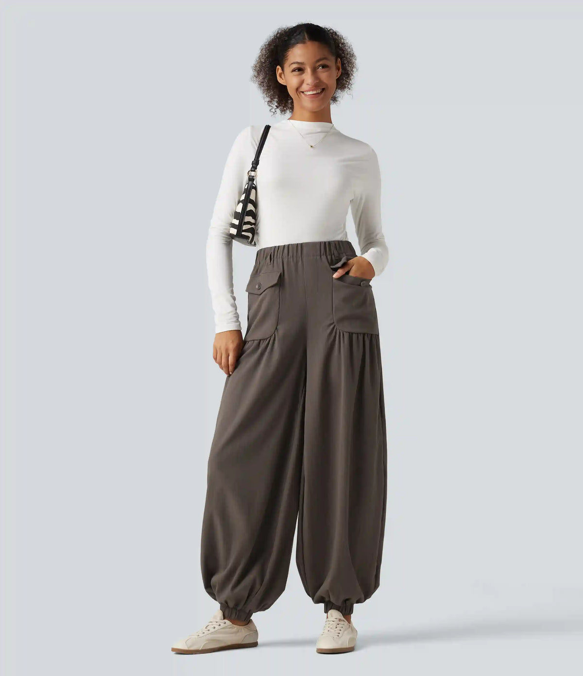 High Waisted Ruched Stacked Baggy Casual Linen-Feel Joggers with Pockets