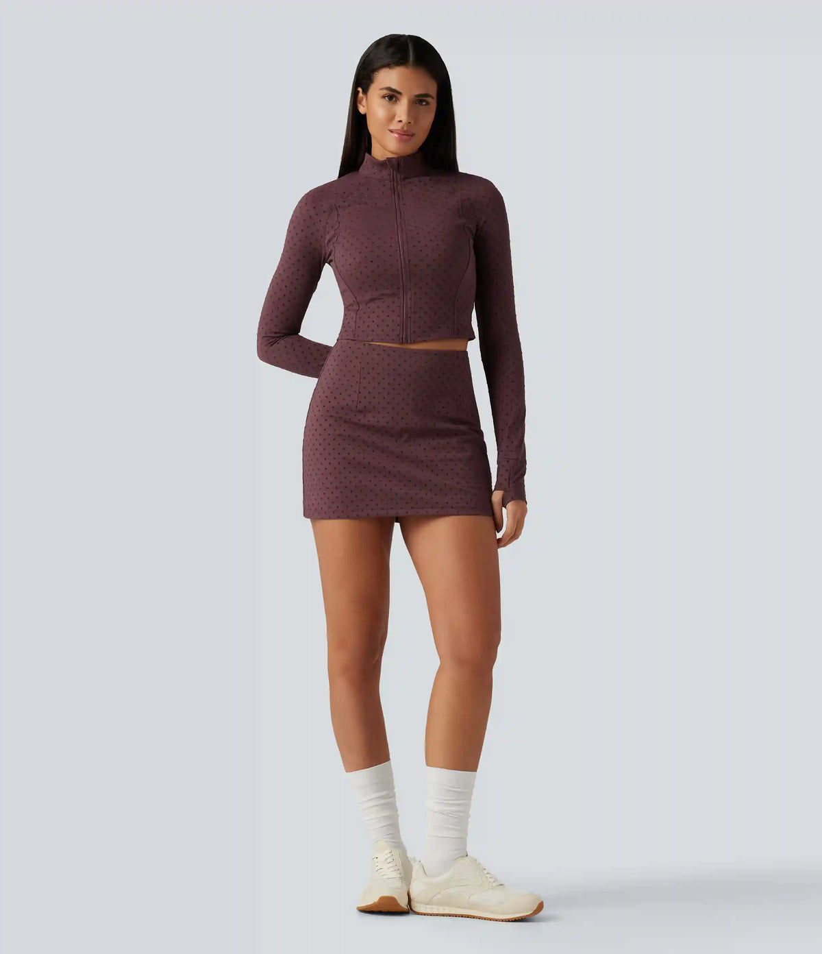 Stand Collar Long Sleeve Thumb Hole Polka Dot Velvet Yoga Jacket with Pocket