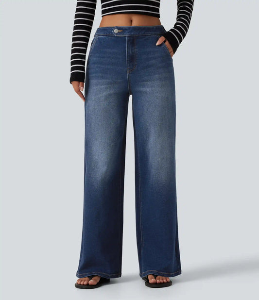 Mid Rise Wide Leg Washed Casual Jeans with Pockets