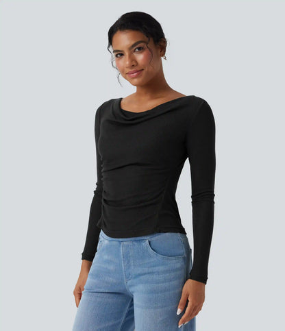 Cowl Neck Long Sleeve Ruched Casual Wool-Blend Top
