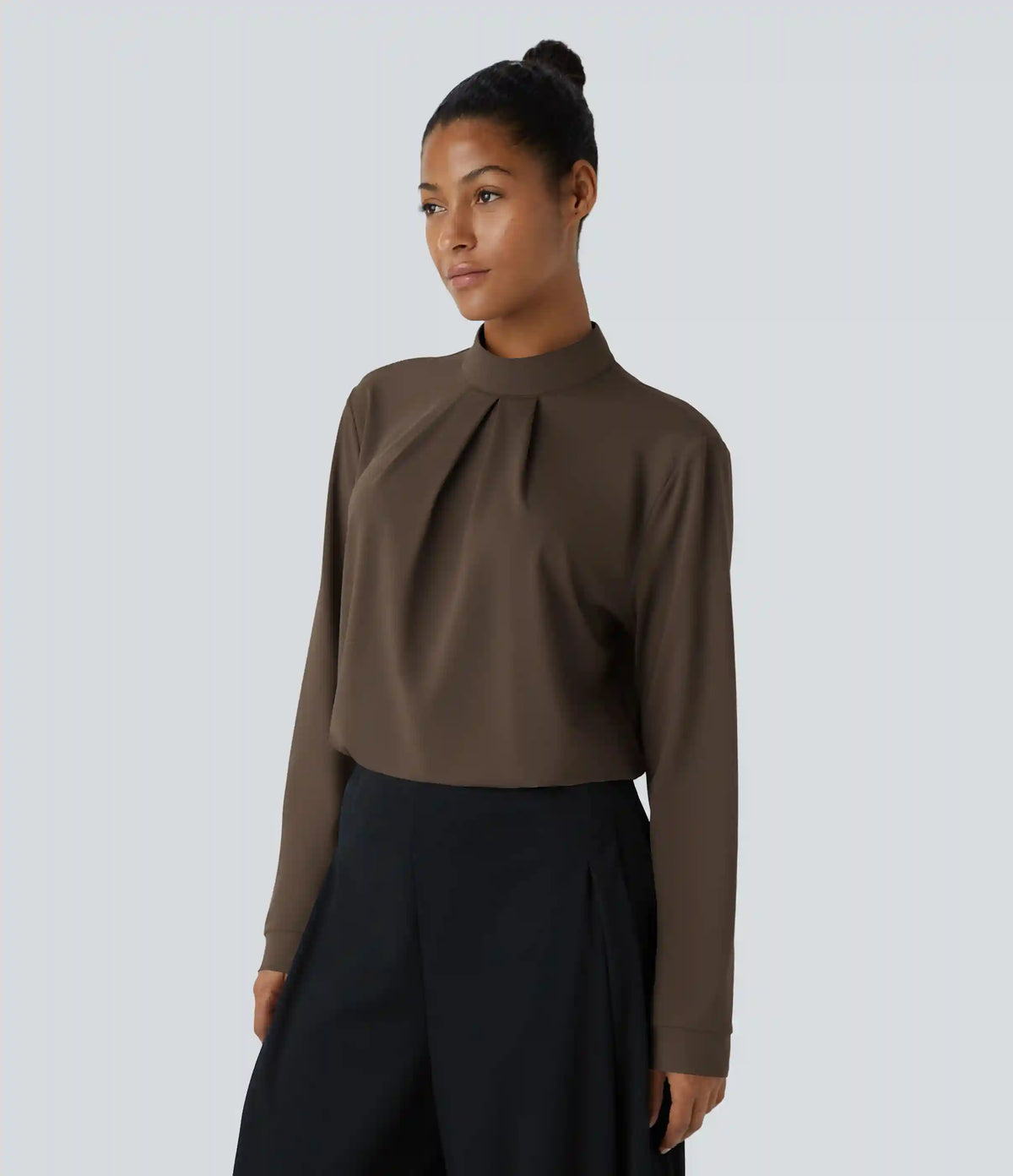 Stand Collar Back Long Sleeve Work Blouse