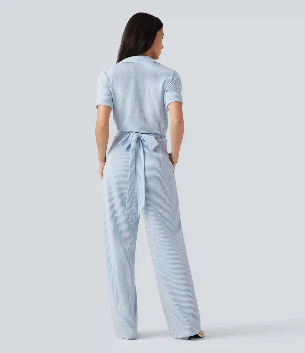 Short Sleeve Wrapped Tie Back Stripe Crinkle Cotton Casual Shirt Jumpsuit with Pockets-Easy Peezy Edition