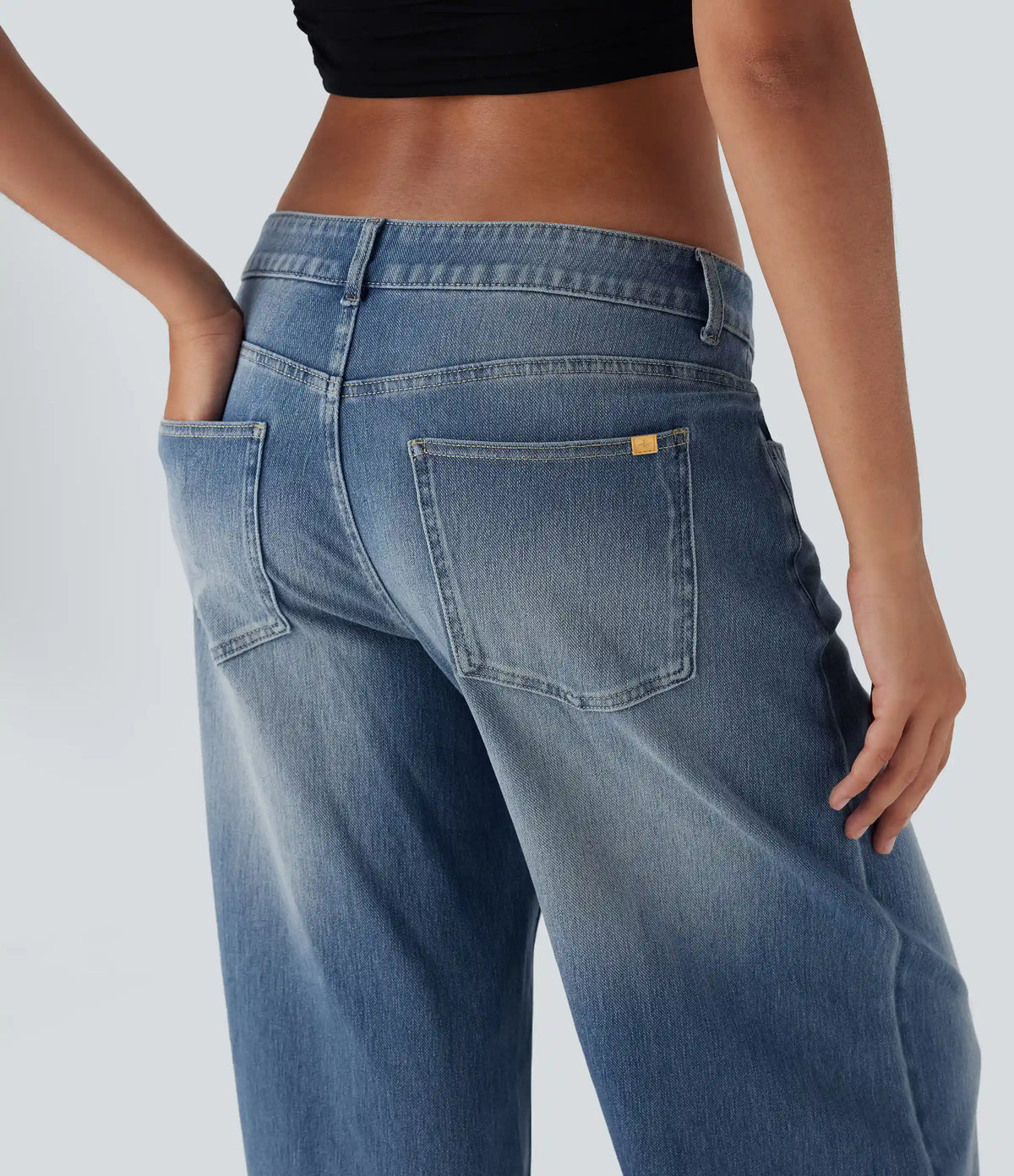 Halara Flex™ Asymmetric Low Rise Zipper Pockets Baggy Wide Leg Washed Casual Jeans