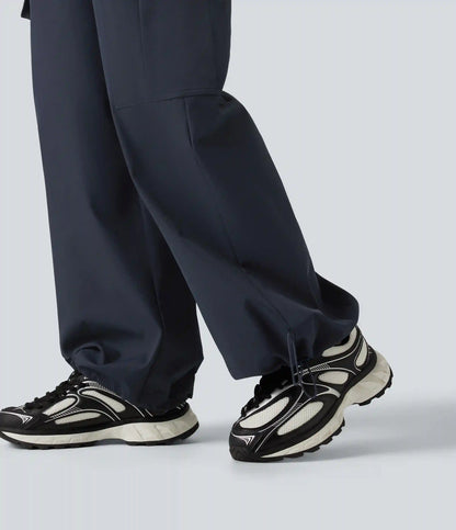 Water Repellent Wear-Resistant Mid Rise Drawstring Baggy Casual Cargo Pants with Pockets