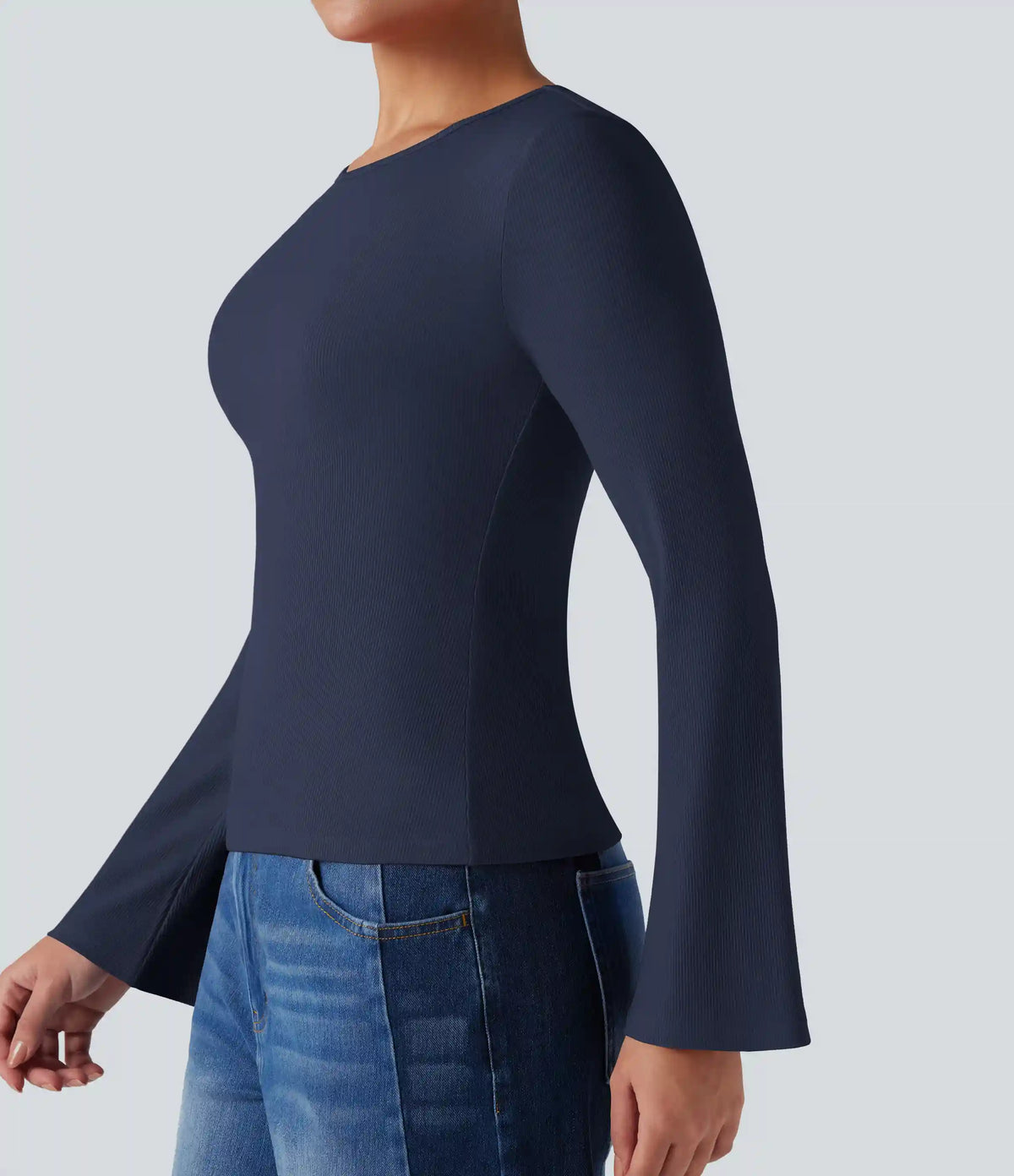 Ribbed Knit Round Neck Flounce Long Sleeve Casual Top
