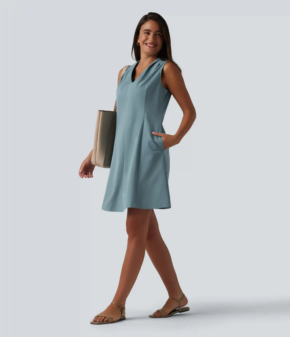 V-neck Sleeveless Pleated Invisible Zipper Mini A-line Stretchy Poplin Work Dress with Pockets