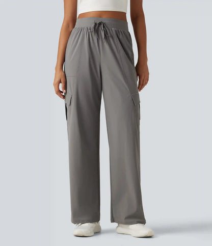 High Waisted Drawstring Ruched Straight Leg Quick Dry InstantCool Running Pants with Pockets-UPF40+
