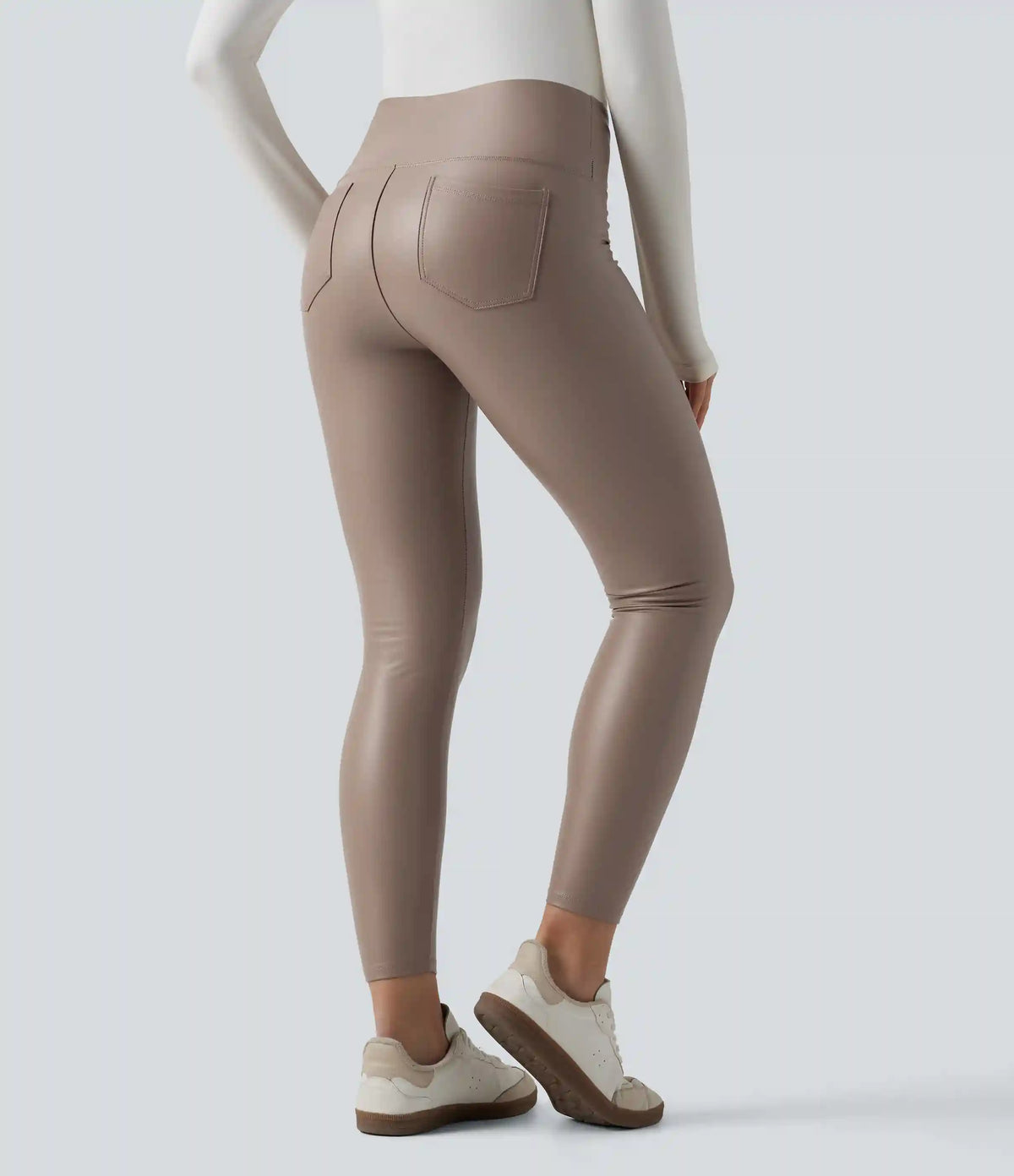 High Waisted Tummy Control Stretchy PU Fleece 7/8 Skinny Casual Leggings with Pockets