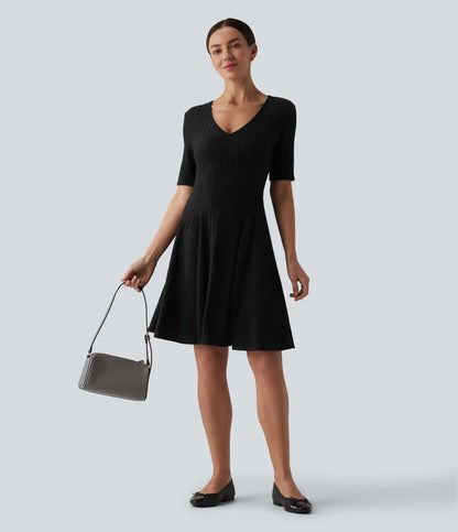 Ribbed Knit V Neck Short Sleeve Flare Mini Casual Dress