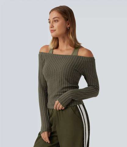 2-Piece Set Off-Shoulder Ribbed Long Sleeve Lounge Top with Built-in Bra