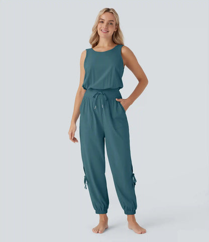 Sleeveless Cut Out Drawstring Pocket InstantCool Yoga Jumpsuit-UPF50+