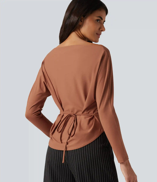 Boat Neck Batwing Long Sleeve Tie Back Curved Hem Casual Top