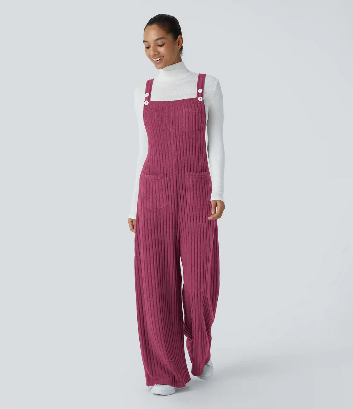 Ribbed Knit Pockets Casual Overalls