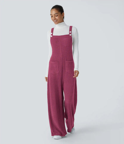 Ribbed Knit Pockets Casual Overalls