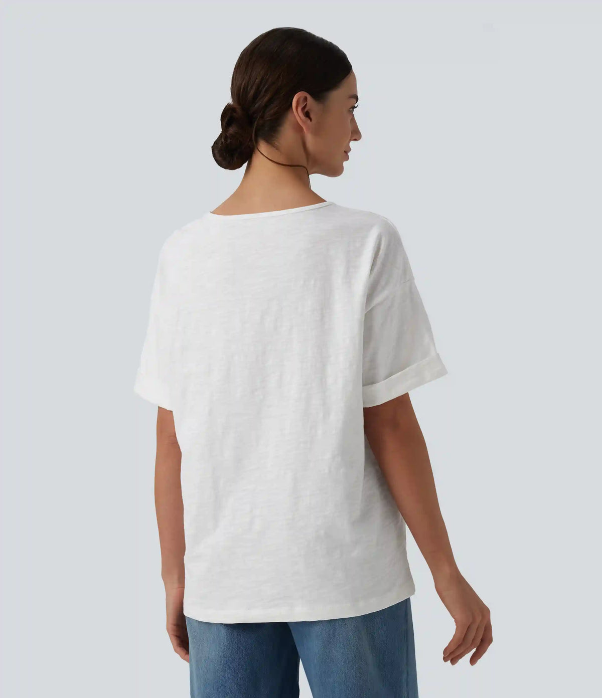 Sweetheart Neck Roll Short Sleeve Relaxed Casual Slubbed Cotton T-Shirt with Pocket