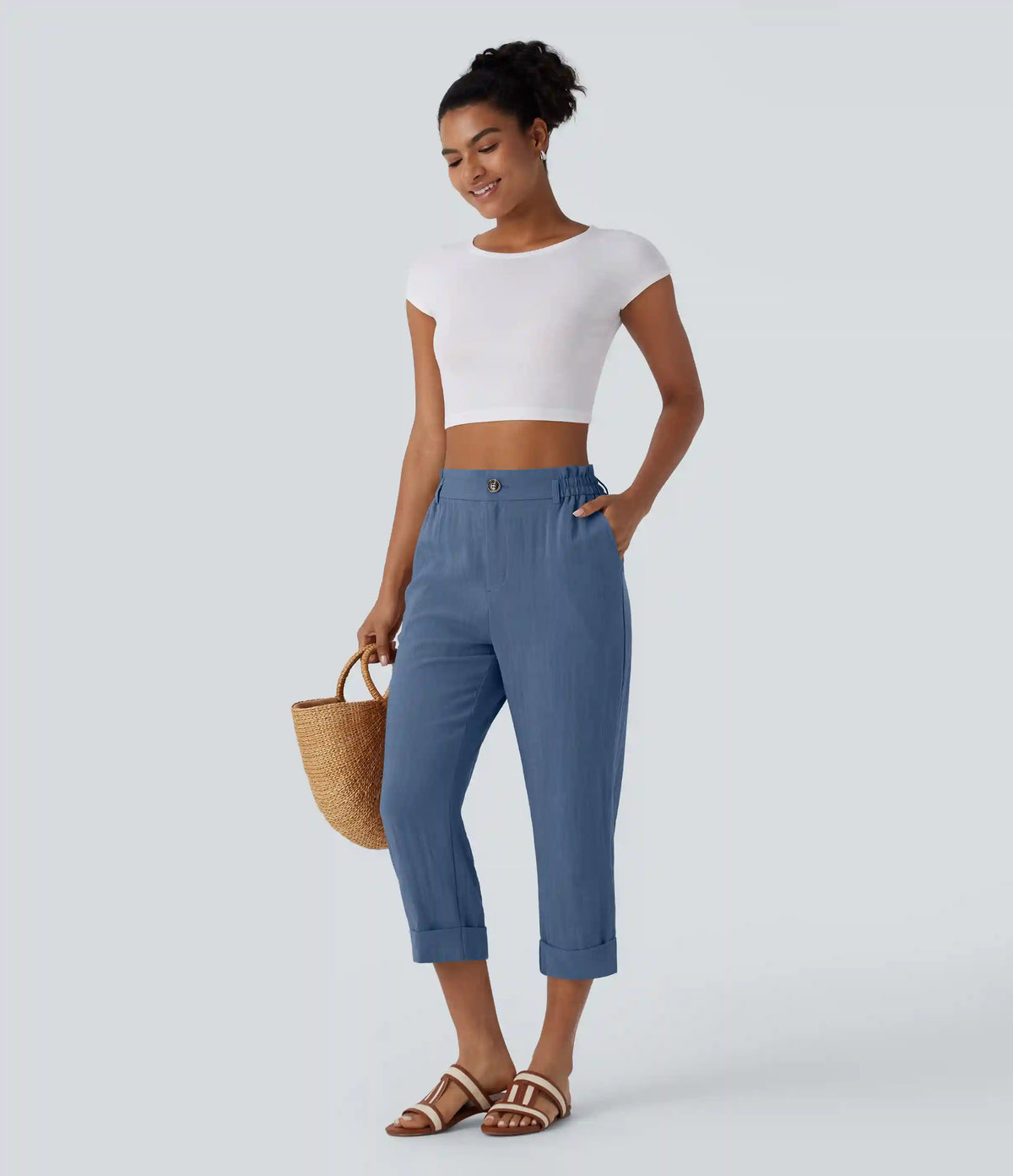 High Waisted Zipper Pocket Cropped Linen-Feel Pants