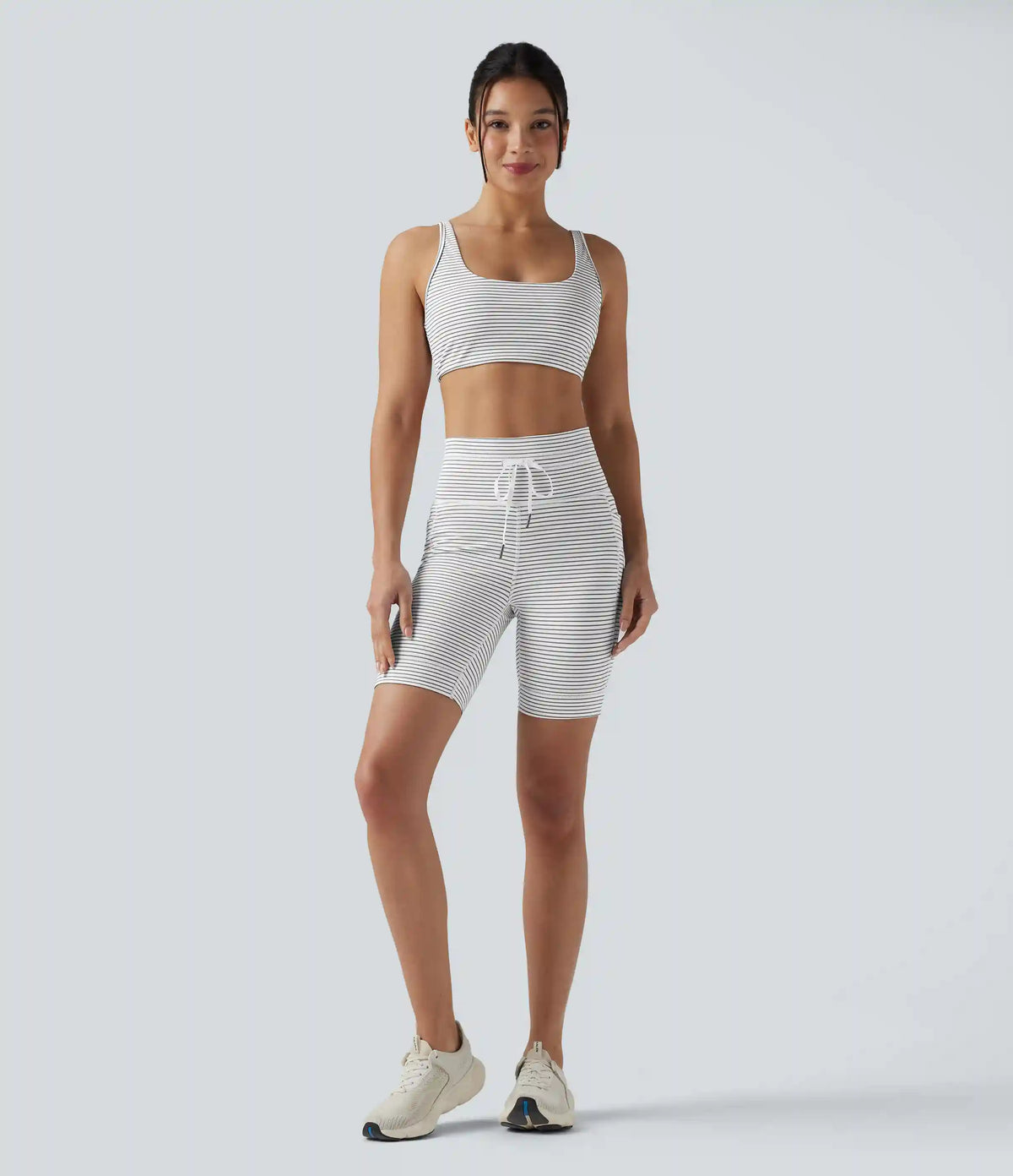 High Waisted Drawstring Striped Yoga Biker Shorts 7'' with Pockets