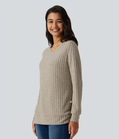 Ribbed Knit V Neck Long Sleeve Casual T-Shirt
