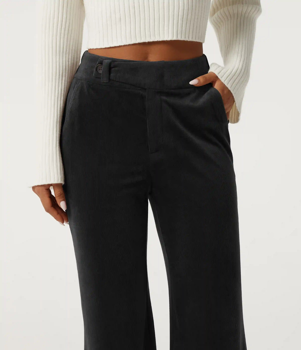 High Waisted Tummy Control Asymmetric Flare Corduroy Casual Pants with Pockets