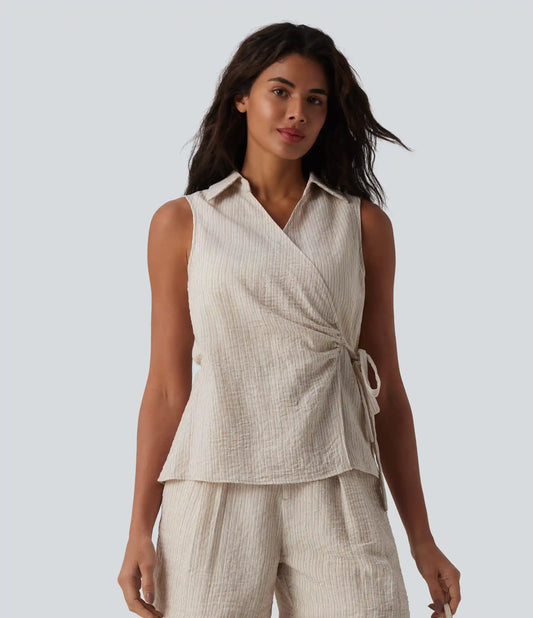 Collar Sleeveless Tie-side Wrapped Casual Linen-Feel Shirt