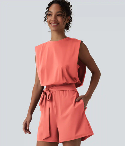 Round Neck Sleeveless Tie-front Cool Touch Casual Romper with Pockets-Easy Peezy-UPF50+