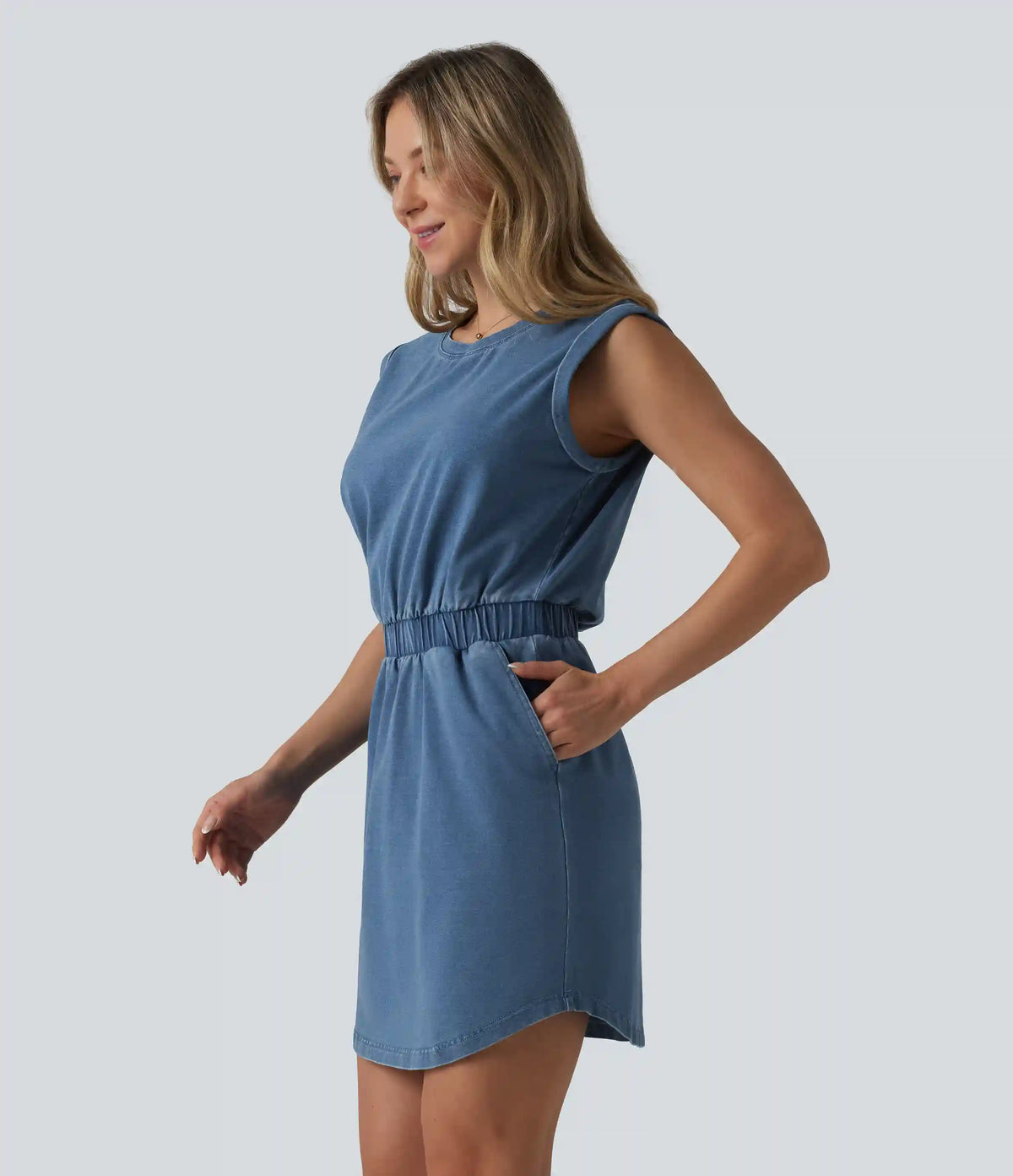 Halara Flex™ Denim Round Neck Sleeveless Curved Hem Mini Casual Dress with Pockets