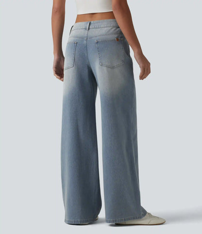 Halara Flex™ Asymmetric Low Rise Zipper Pockets Baggy Wide Leg Washed Casual Jeans