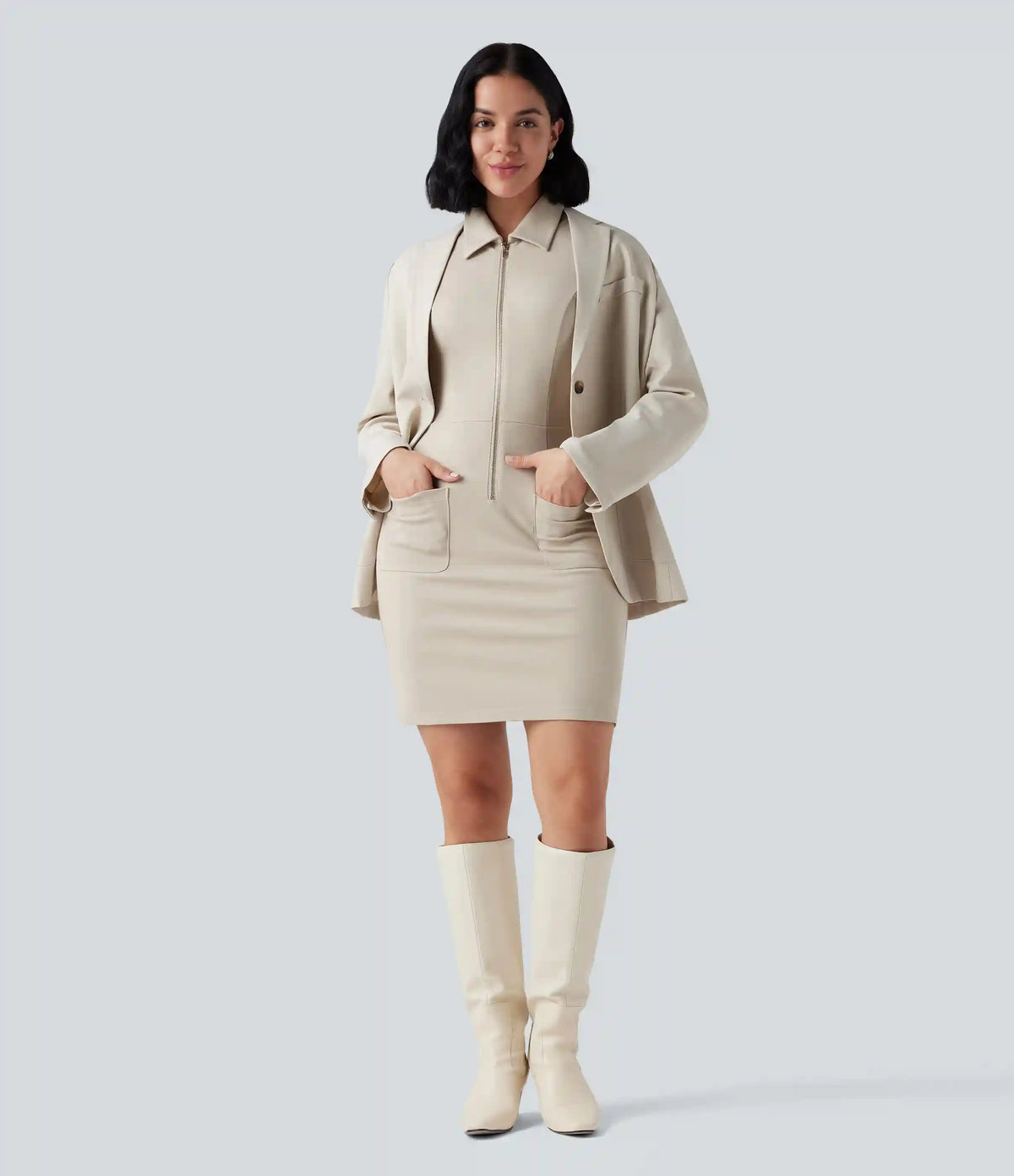 Half Zip Short Sleeve Bodycon Mini Work Dress with Pockets