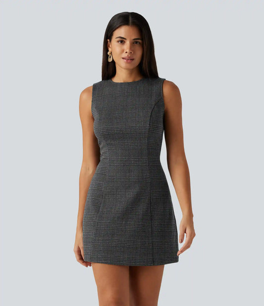 Round Neck Sleeveless Houndstooth Plaid Mini Work Dress